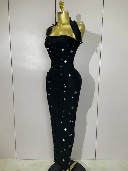 Rhinestone Pearl Bandage Midi Dress