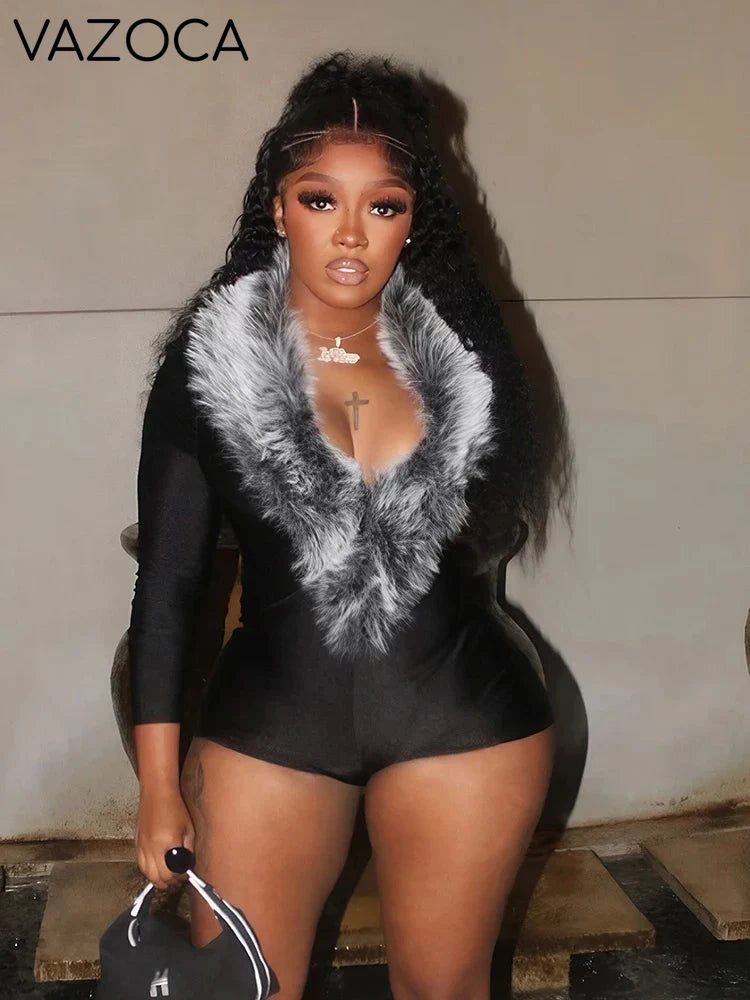 Luxe Fur Deep V-Collar Romper