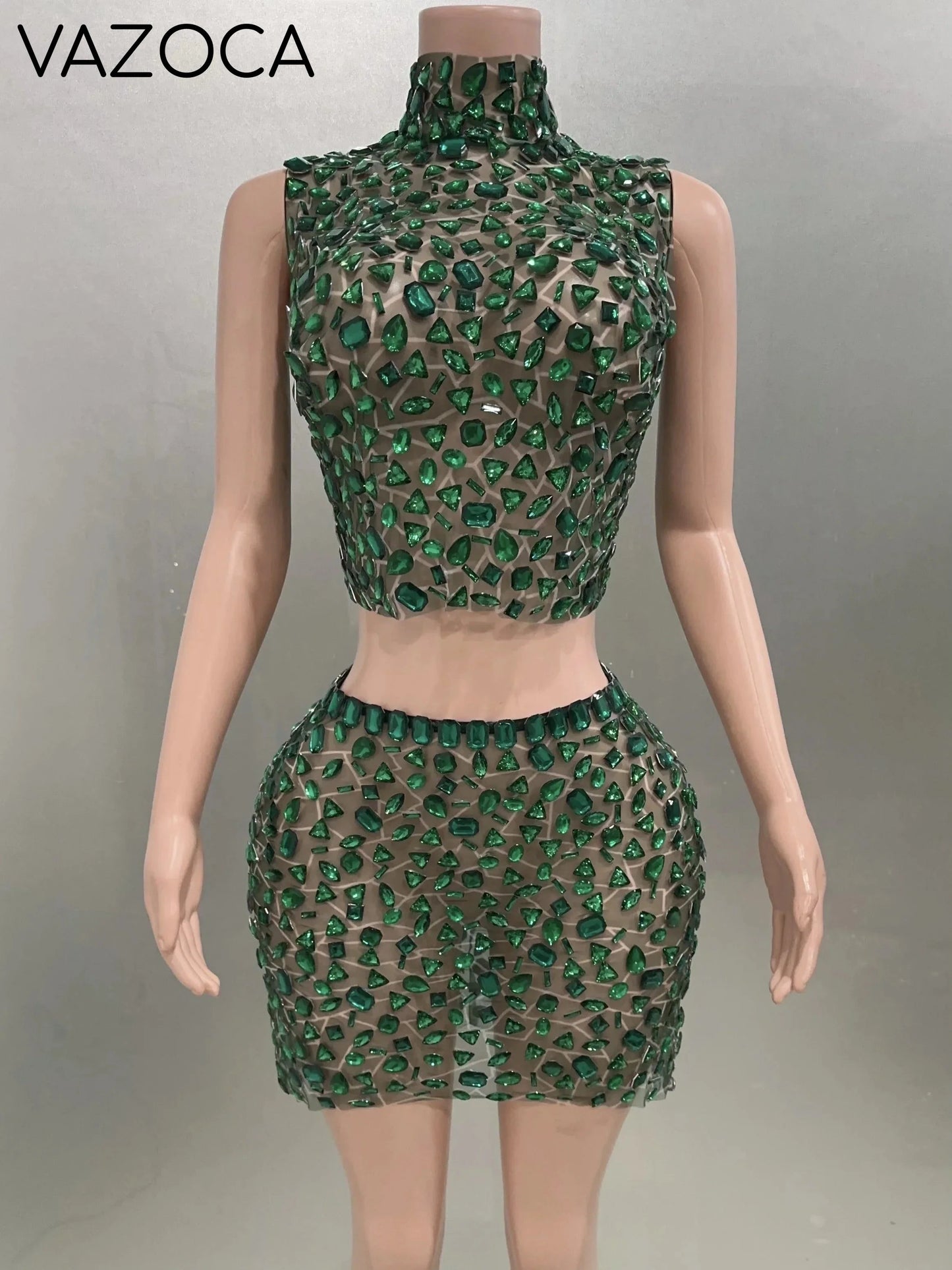 Rhinestone Green Mini Skirt Set