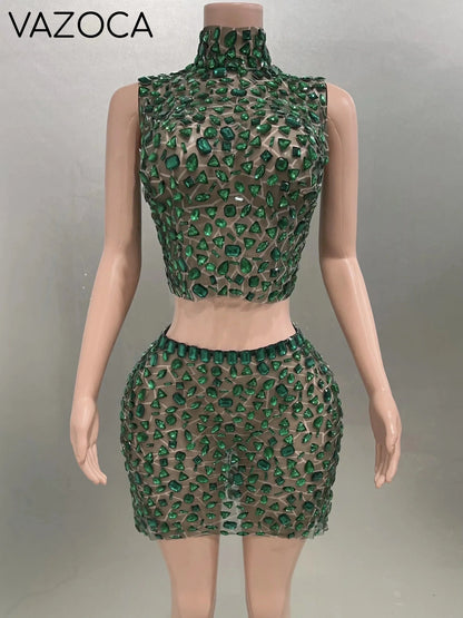 Rhinestone Green Mini Skirt Set