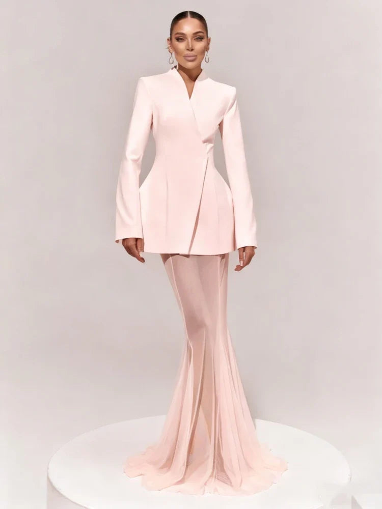 Pink Blazer Mesh Skirt Set