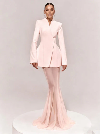 Pink Blazer Mesh Skirt Set