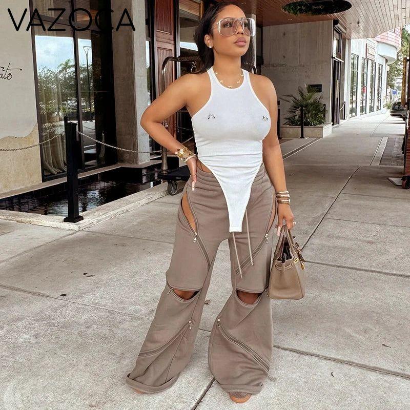 Zip Detail Wide-Leg Cargo Pants