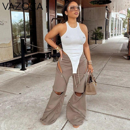 Zip Detail Wide-Leg Cargo Pants