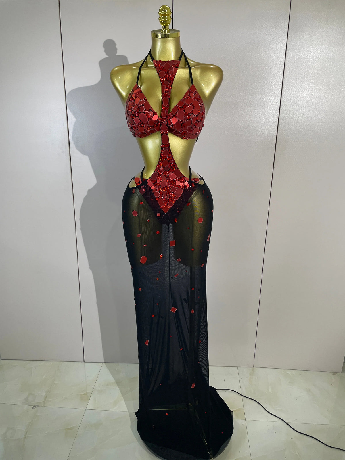 Red Mirror Bikini Mesh Dress Set