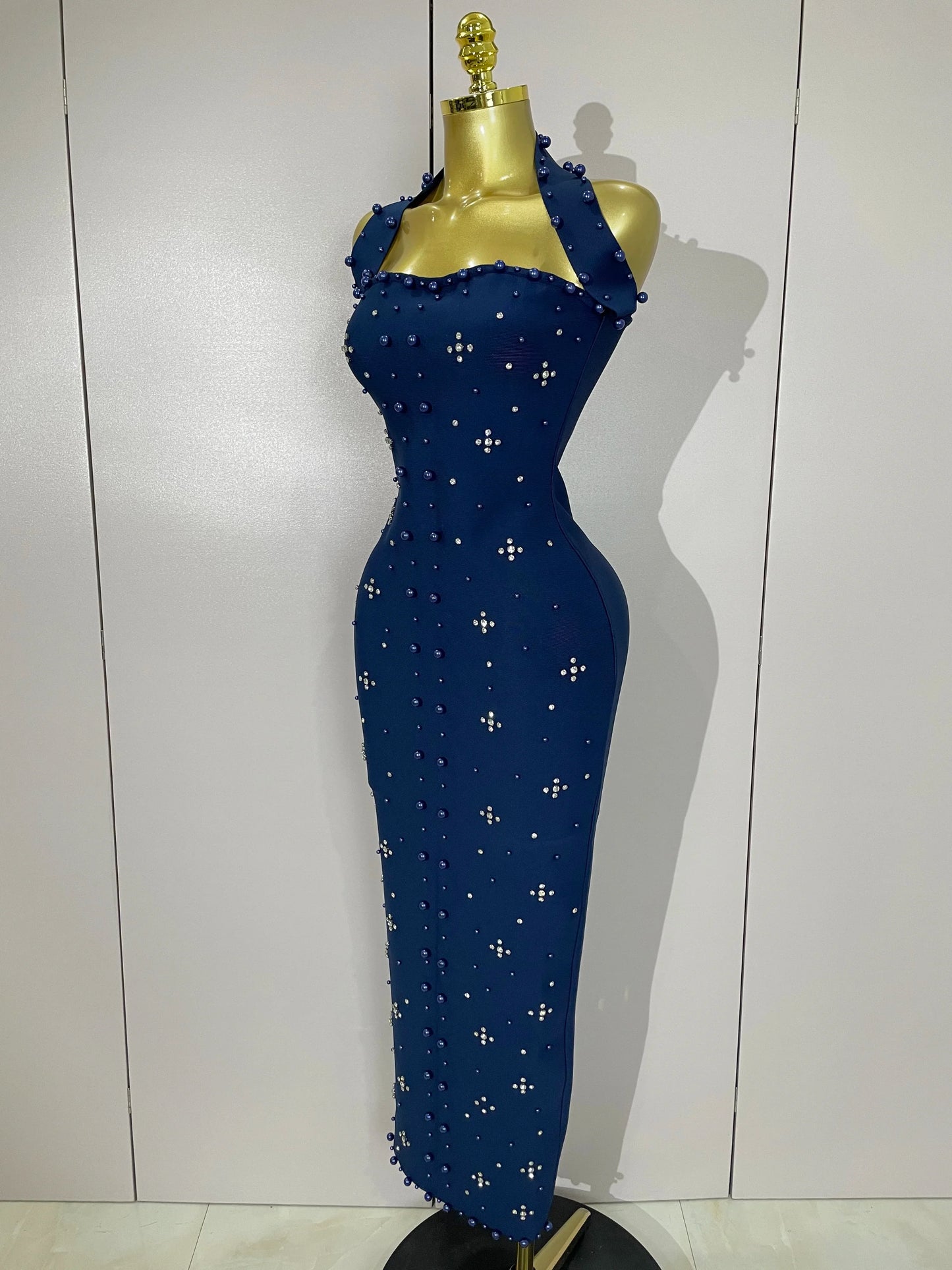 Rhinestone Pearl Bandage Midi Dress