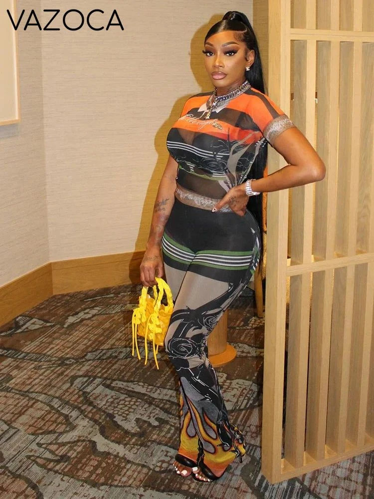 New Flame Mesh Pants Set Orange