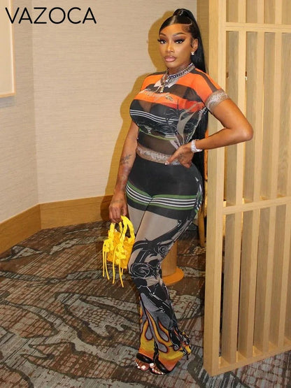 New Flame Mesh Pants Set Orange
