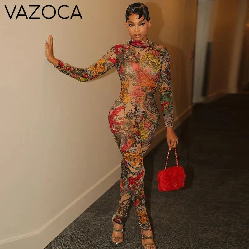 Oriental Backless Mesh Jumpsuit