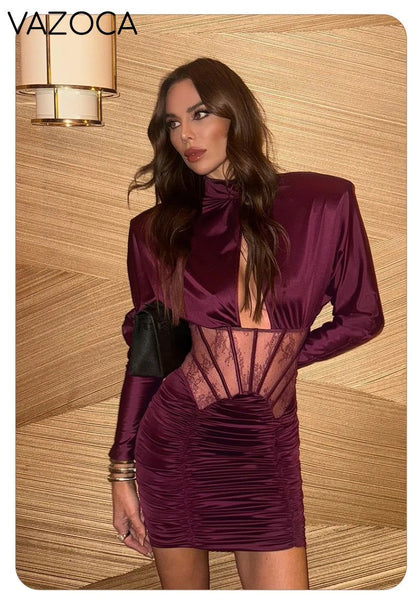 Burgundy Satin Corset Ruched Dress