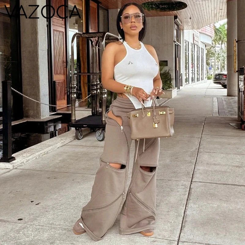 Zip Detail Wide-Leg Cargo Pants