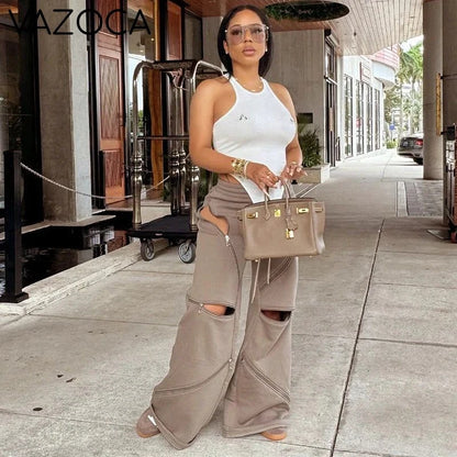 Zip Detail Wide-Leg Cargo Pants