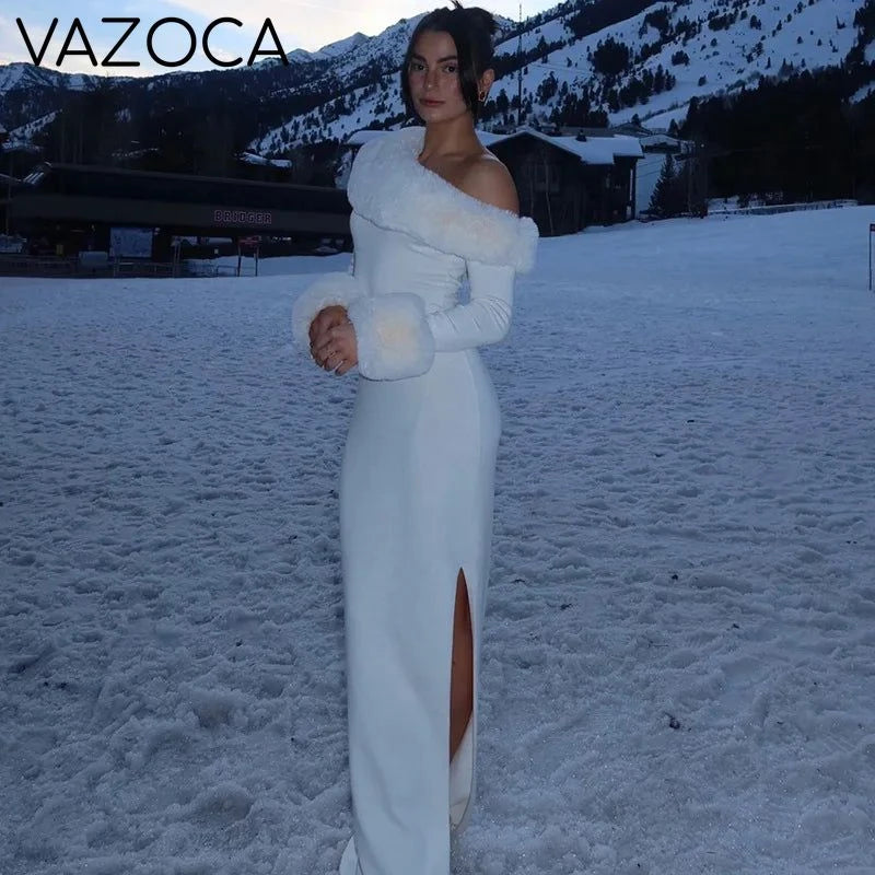 Fur Collar Off One Shoulder Bodycon Dress