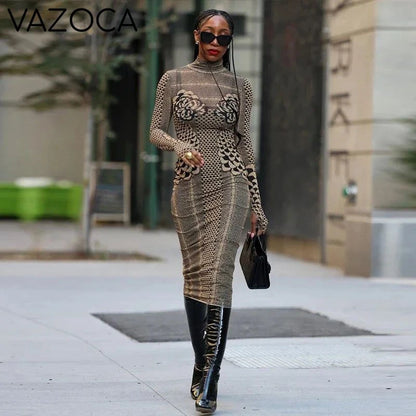Embroidery Turtleneck Mesh Dress