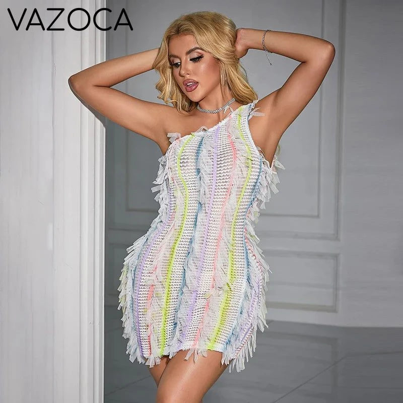 Rainbow Fringe Textured Mini Dress