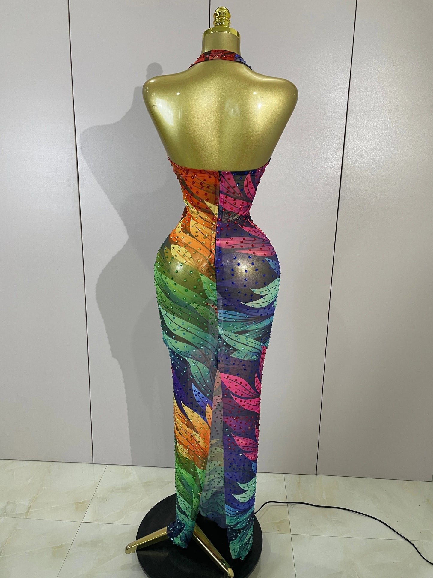 Sparkly Colorful Rhinestone Mesh Maxi Dress
