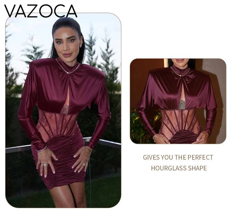 Burgundy Satin Corset Ruched Dress