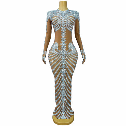 Skeleton Rhinestone Mesh Maxi Dress