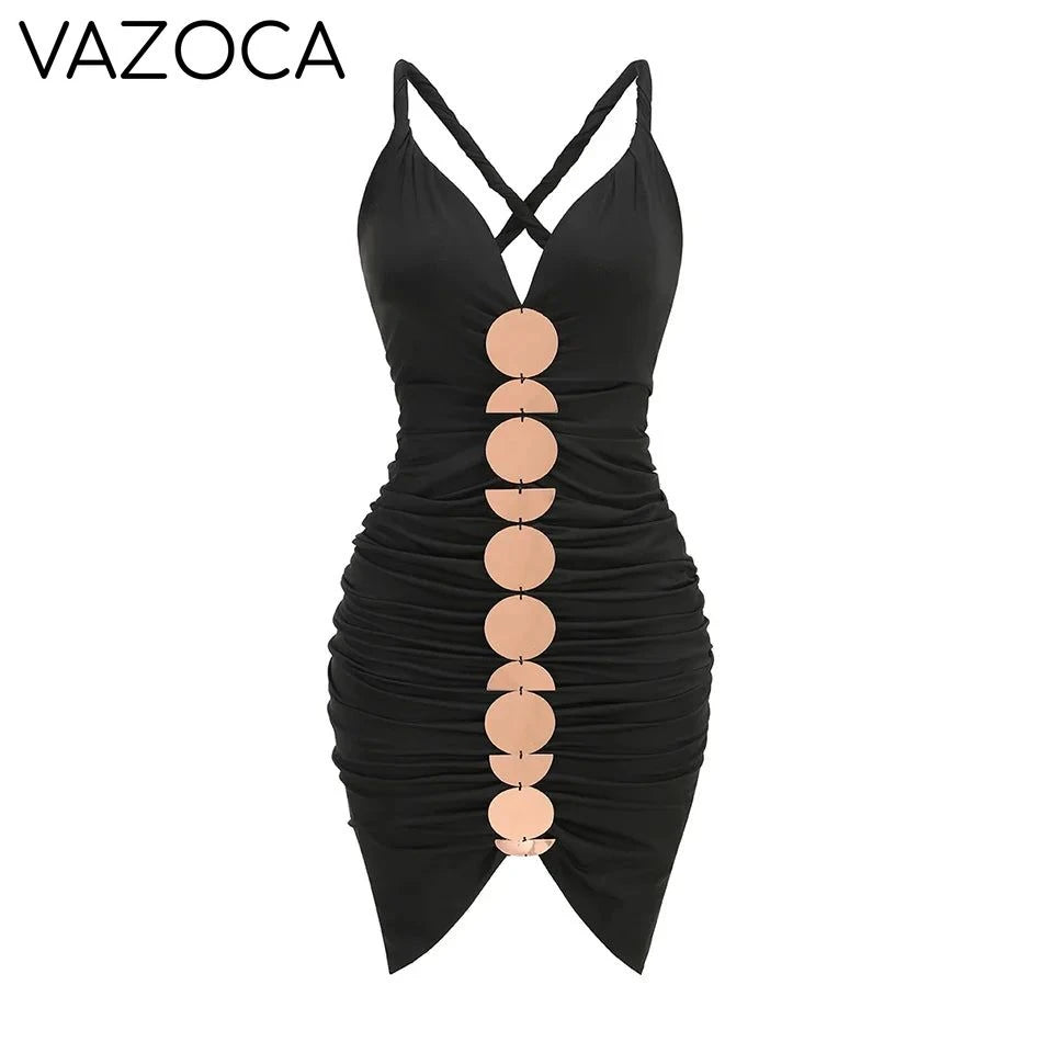 Metallic Discs Pleated Bodycon Dress