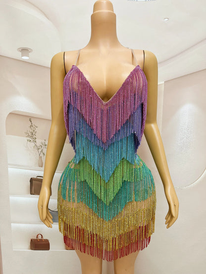Blingbling Rainbow Tassel Fringe Mini Dress