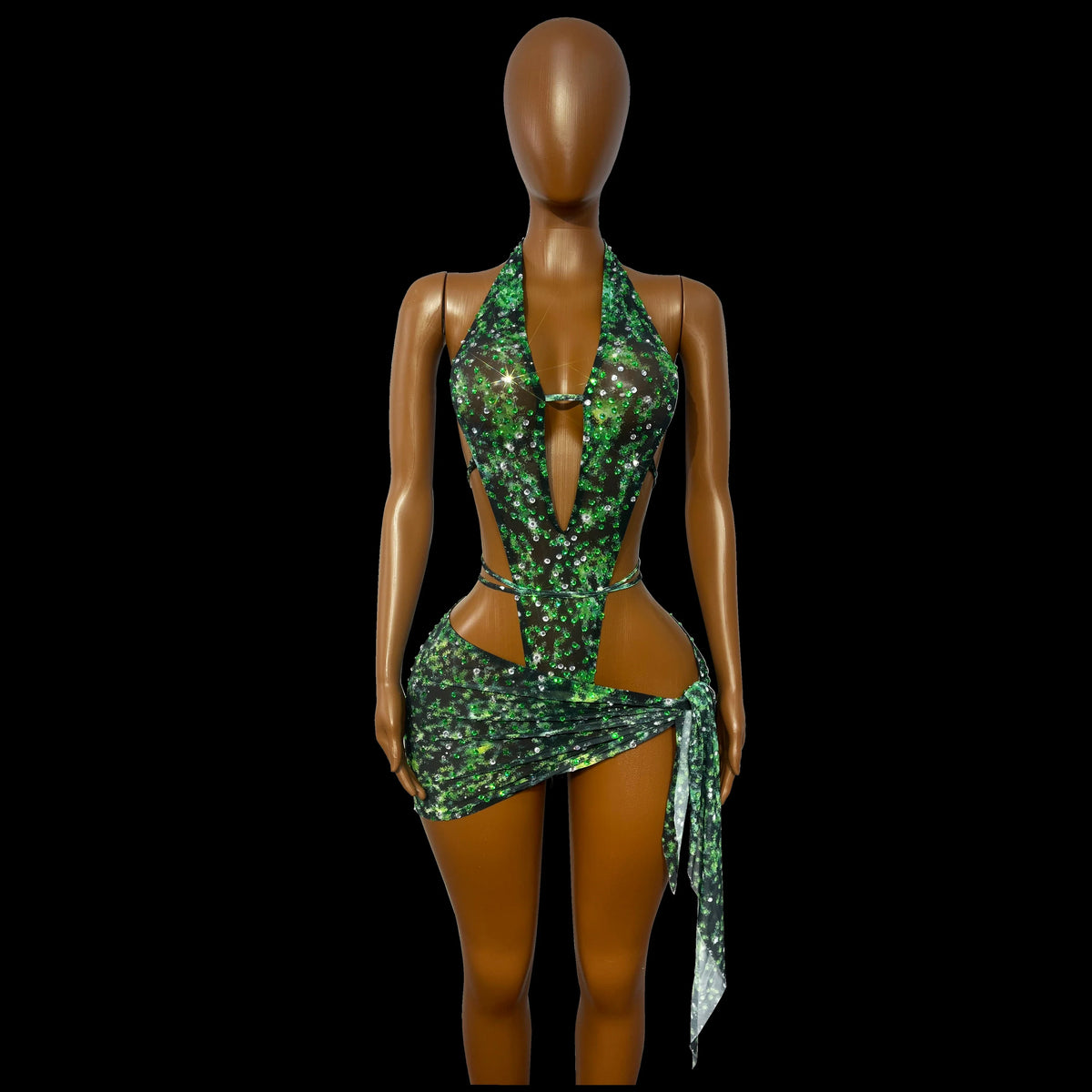 Green Rhinestone Mesh Skirt Set