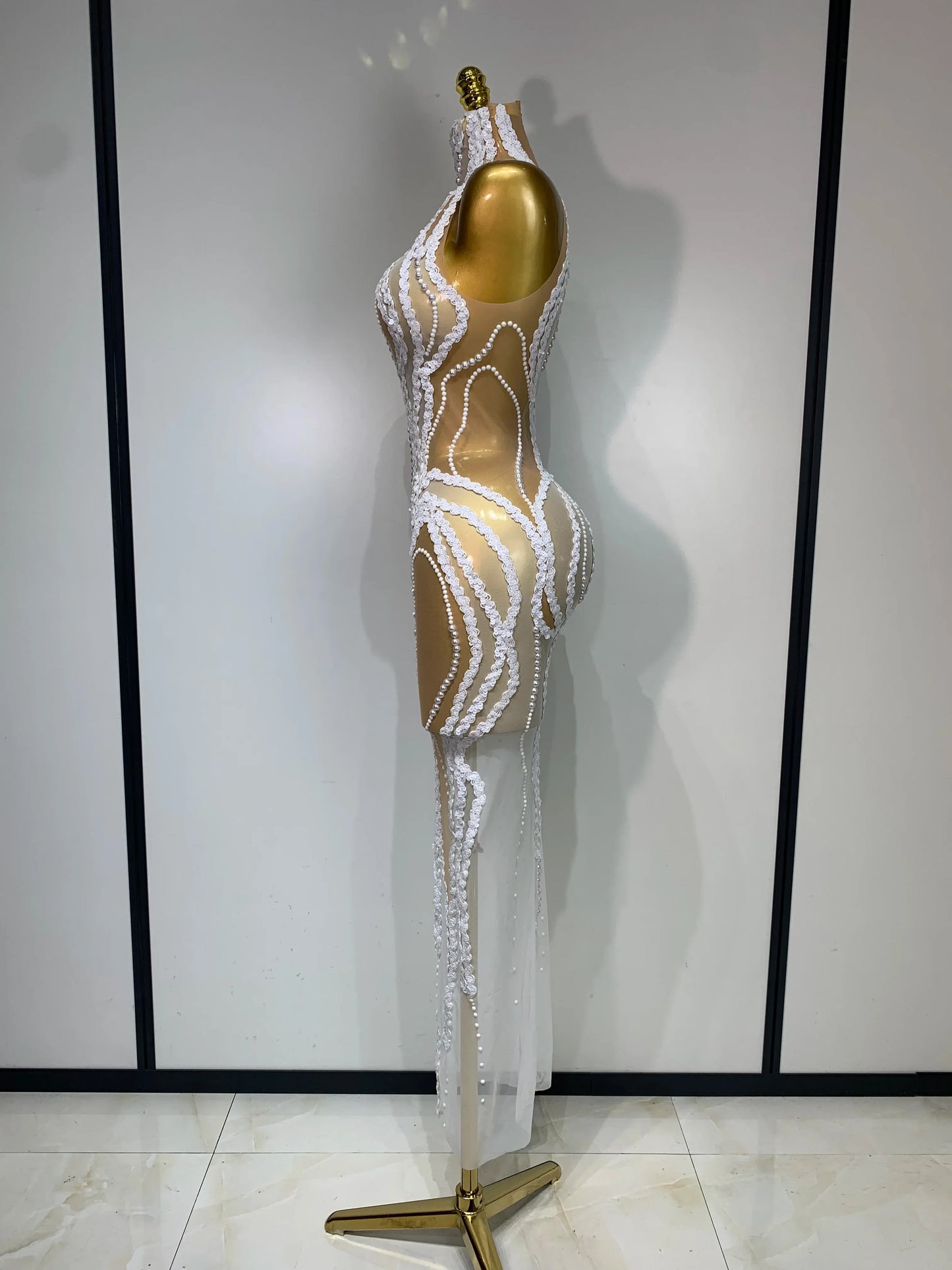 Pearl Sequined Mesh Maxi Dress