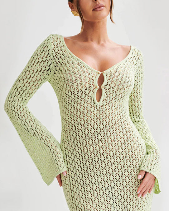 Cover Up Long Sleeve Open Back Long Dress LightGreen