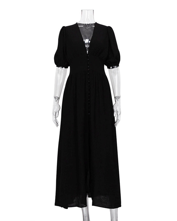 Frenchy Button Split Long Dress Black