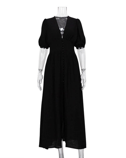 Frenchy Button Split Long Dress Black