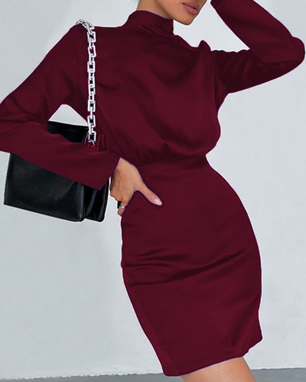 Satin Mock Neck Tie Back Short Dress Burgundy