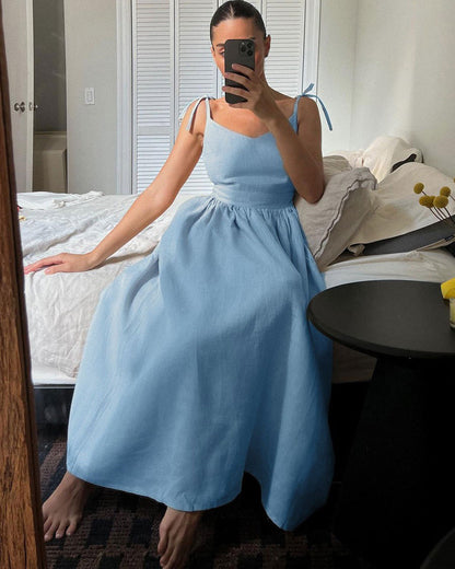 Backless Cotton Linen Lace Up Long Dress Skyblue