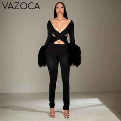 Faux Fur Bell Sleeve Jumpsuit
