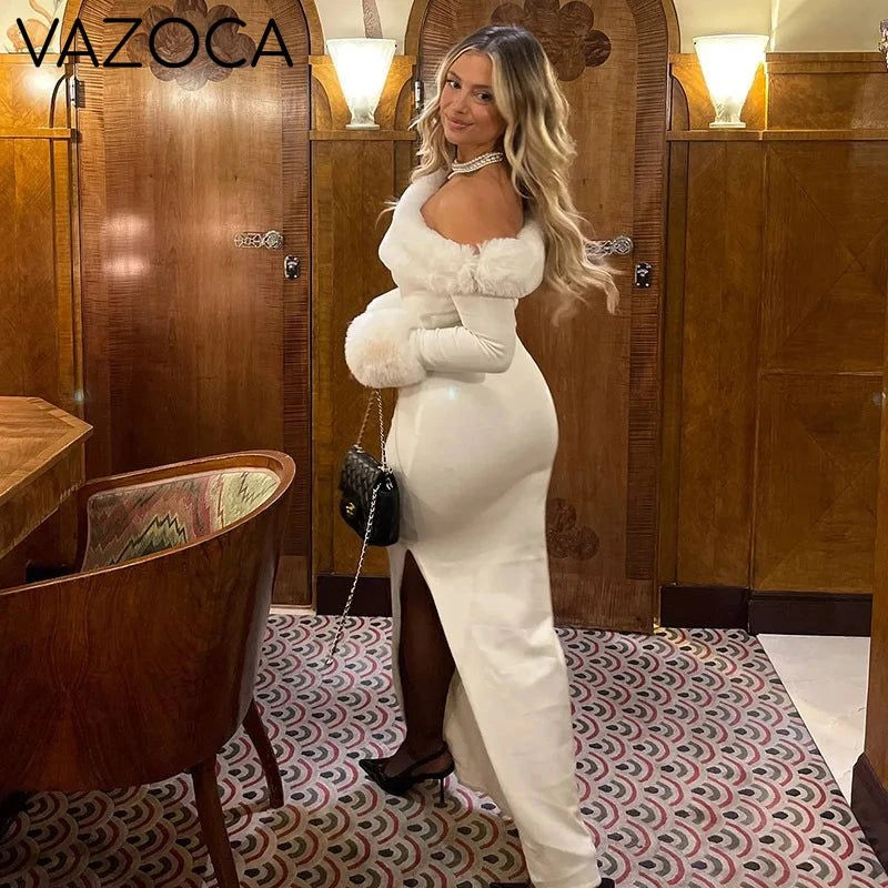 Fur Collar Off One Shoulder Bodycon Dress