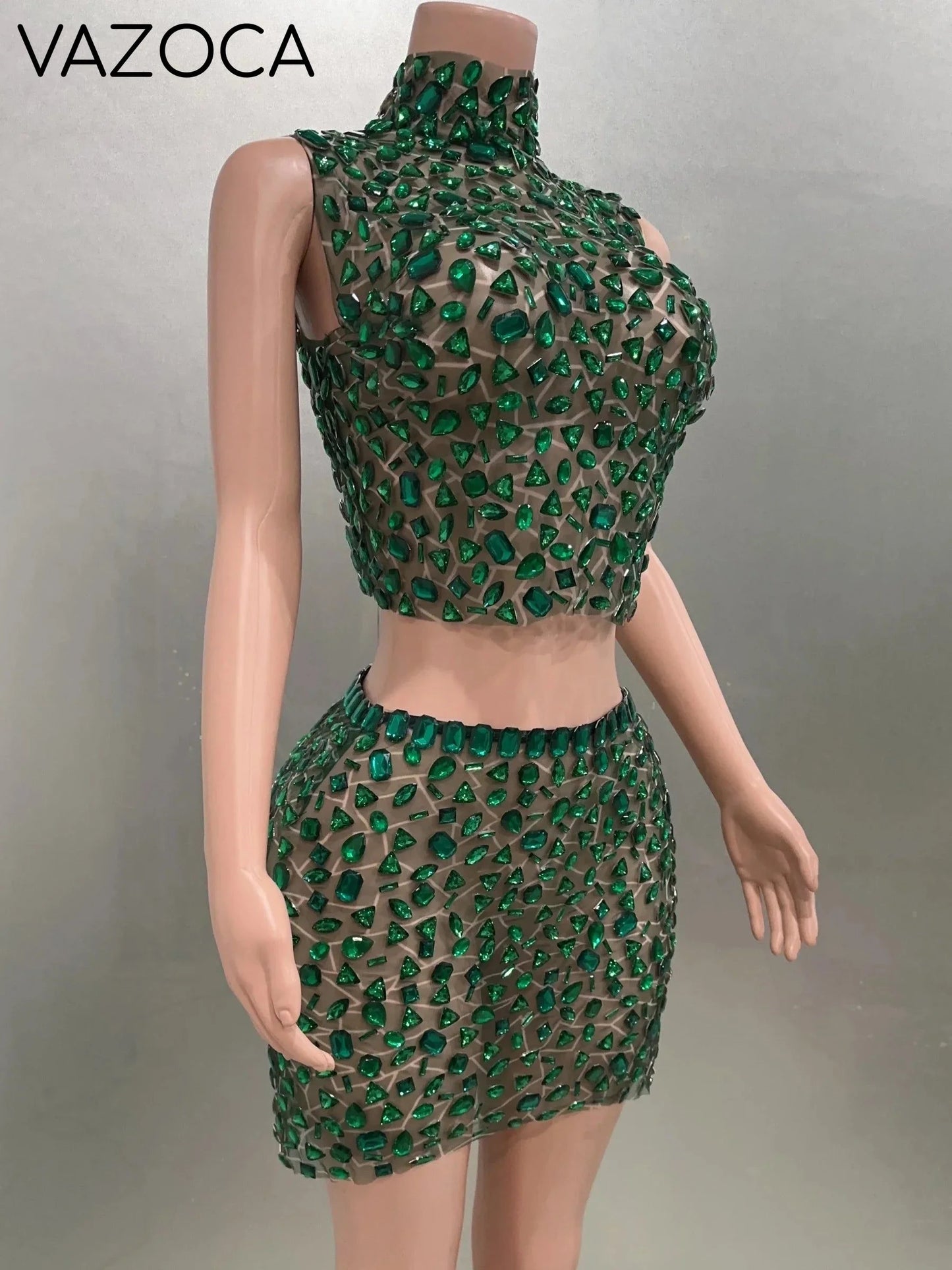 Rhinestone Green Mini Skirt Set