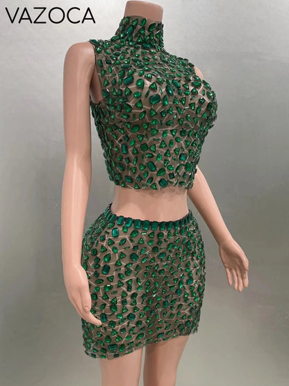 Rhinestone Green Mini Skirt Set