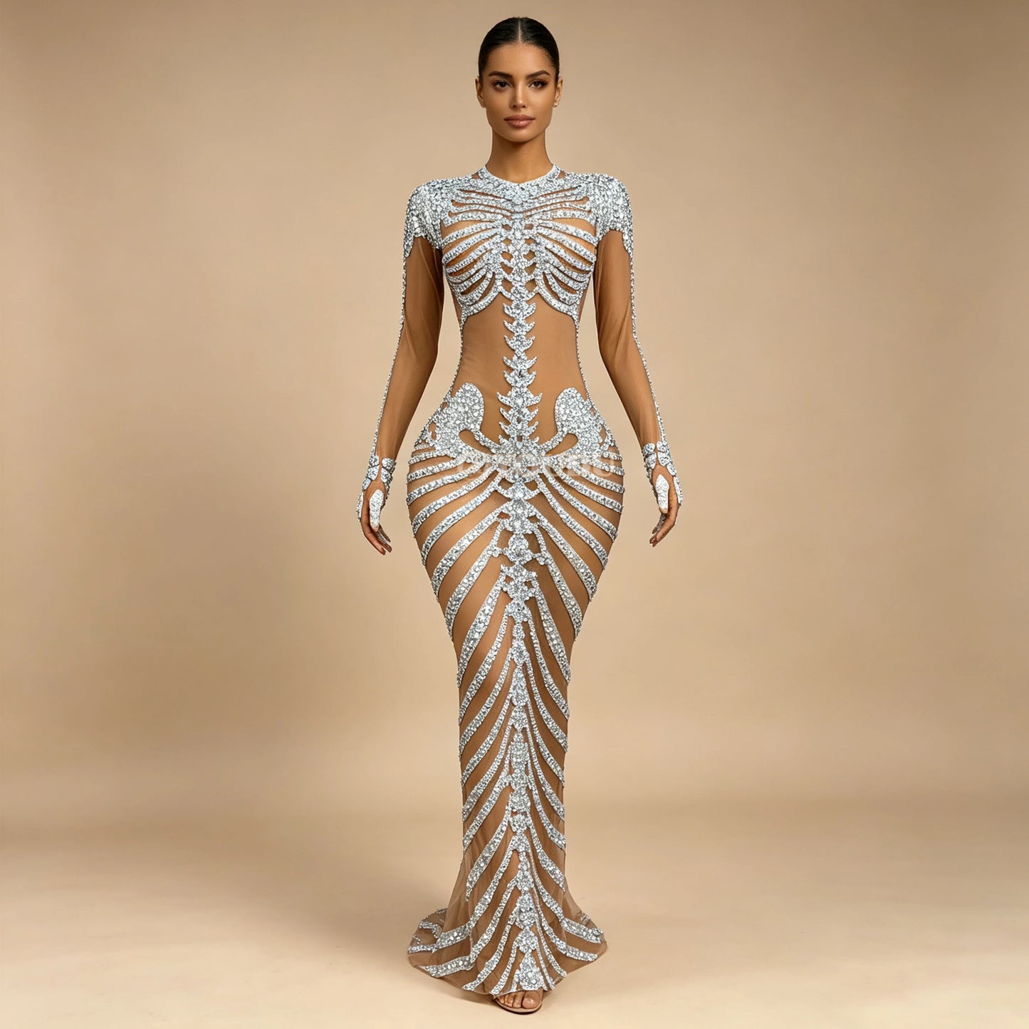 Skeleton Rhinestone Mesh Maxi Dress
