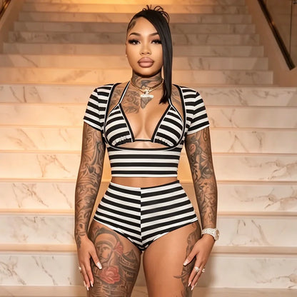 Striped 3 Piece Bra and Short Set