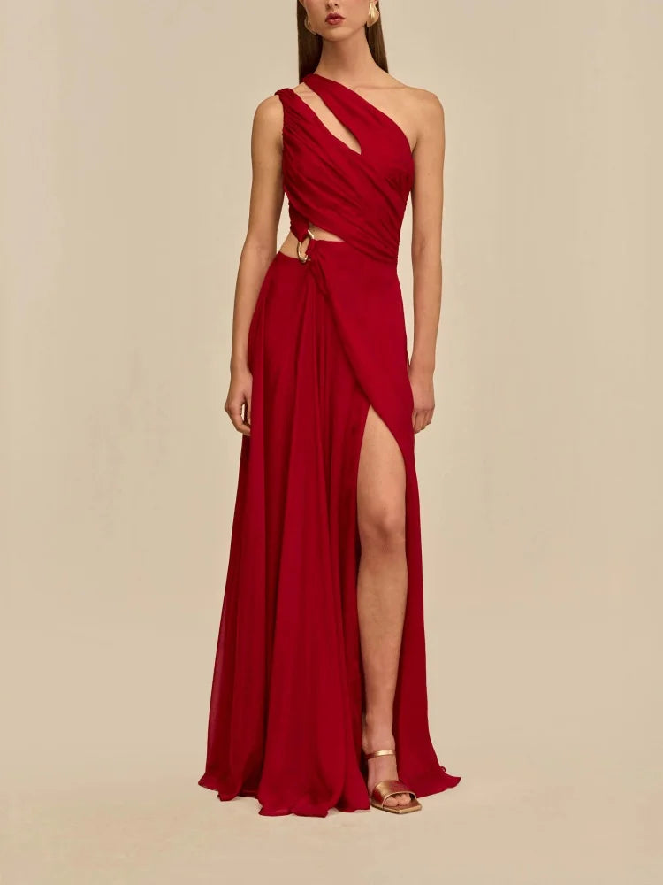 Red Ruched Cut-Out Maxi Dress