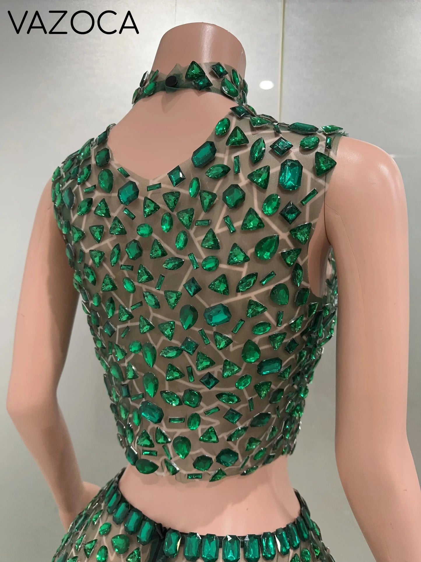 Rhinestone Green Mini Skirt Set