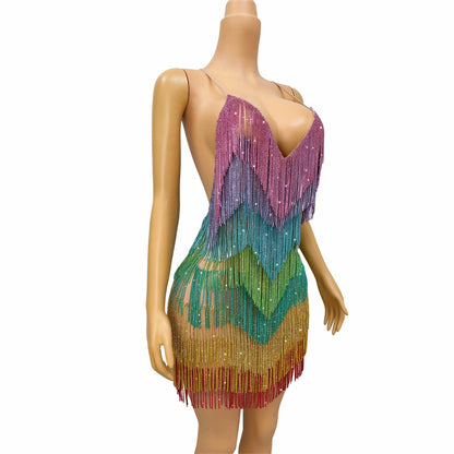 Blingbling Rainbow Tassel Fringe Mini Dress