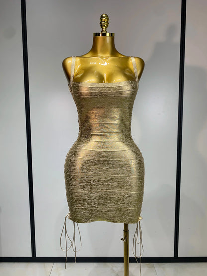 Metallic Side Lace Up Bandage Mini Dress