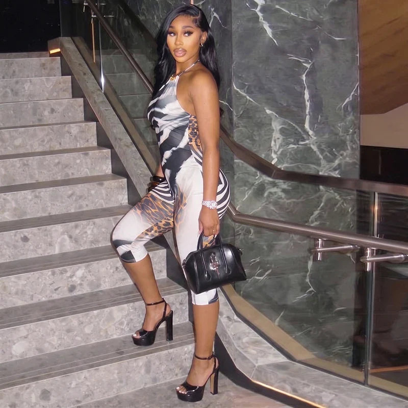 Zebra Print Halter Capri Jumpsuit