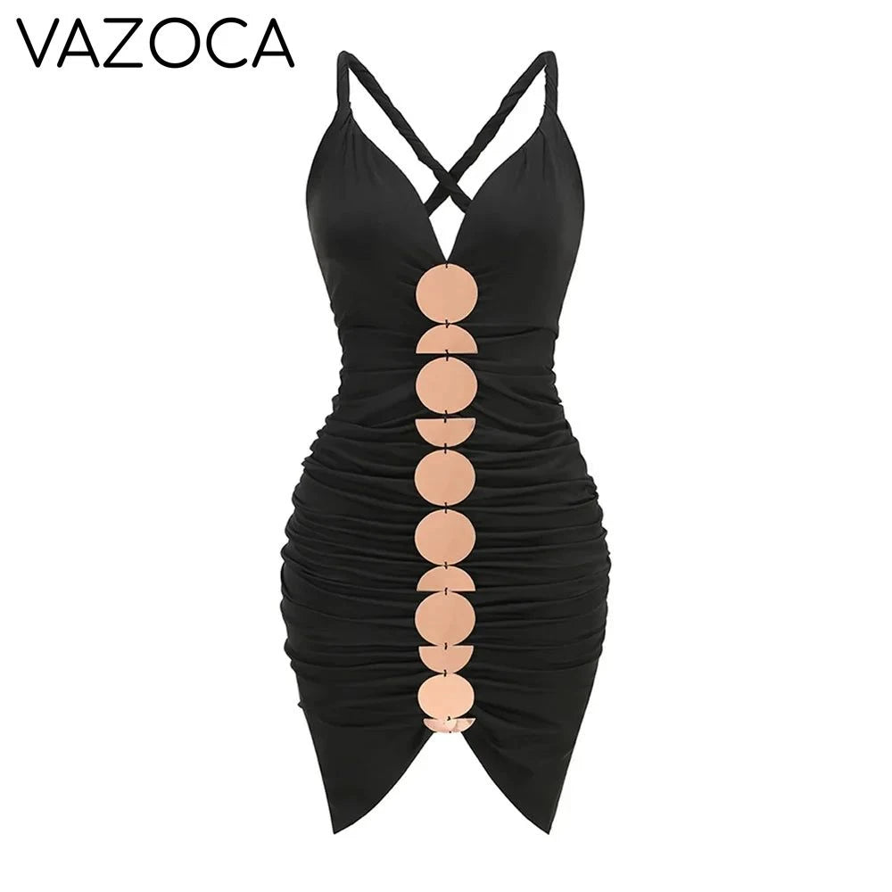 Metallic Discs Pleated Bodycon Dress