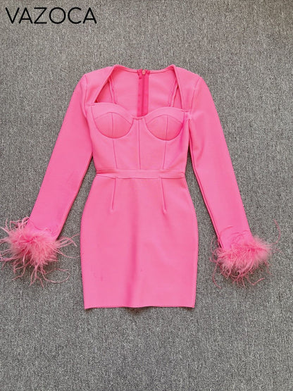 Savy Feathers Bandage Dress Rose Red
