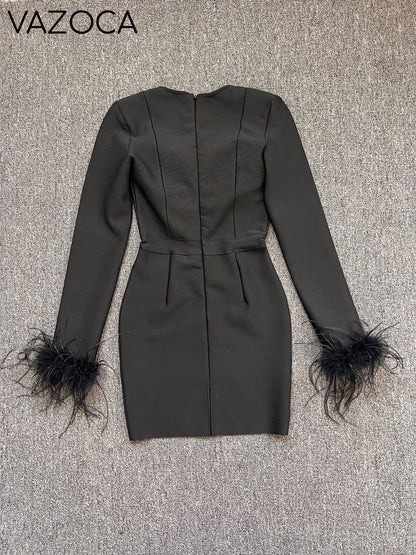 Savy Feathers Bandage Dress Black