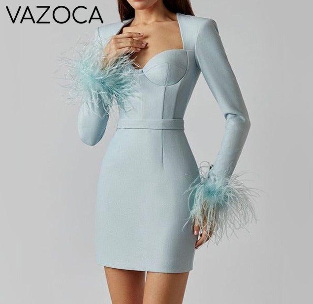 Savy Feathers Bandage Dress Sky Blue