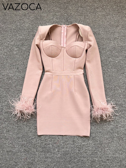 Savy Feathers Bandage Dress Auburn