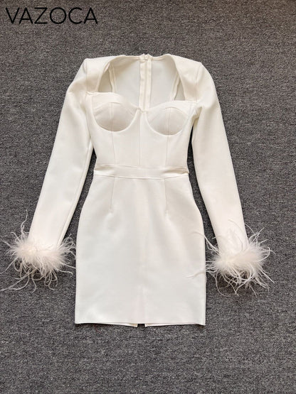 Savy Feathers Bandage Dress White
