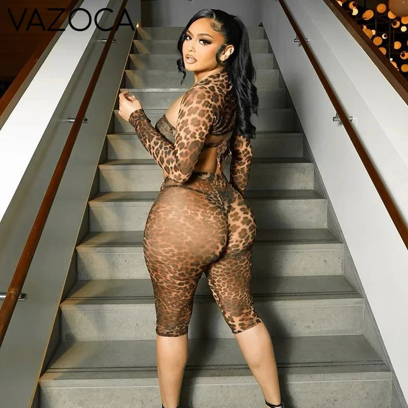 Leopard Print Mesh Three-Piece Set