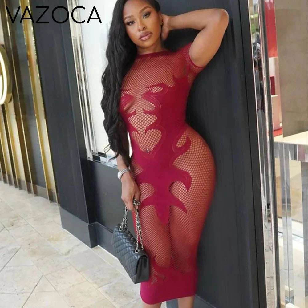 Flame Print Mesh Bodycon Dress